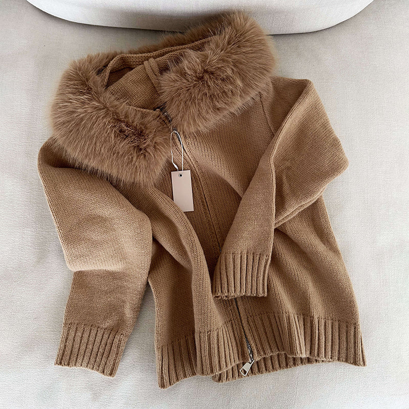 Damen-Cardigan mit Kapuze und Kunstfellbesatz