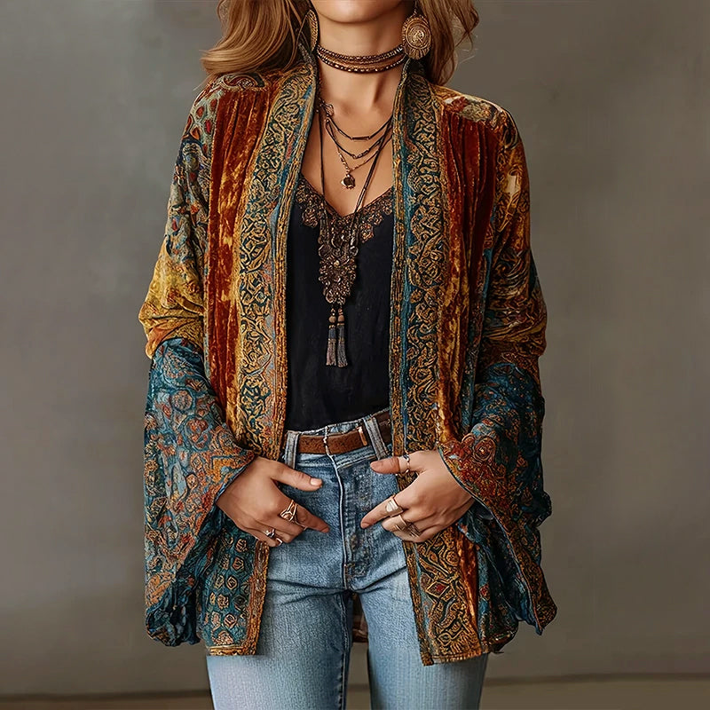 Offener Velours-Cardigan für Damen mit Boho-Muster