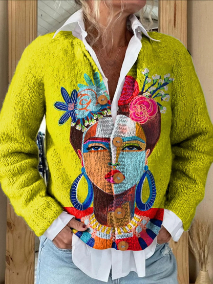 FREDA - Portrait Kunst Bedruckter Cardigan