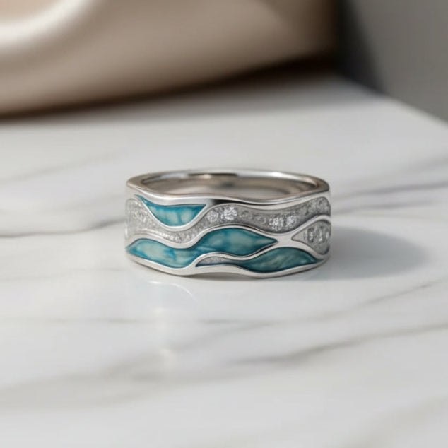 Ring mit silbernen Wellen und Türkis