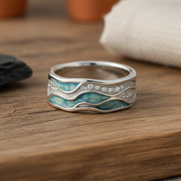 Ring mit silbernen Wellen und Türkis