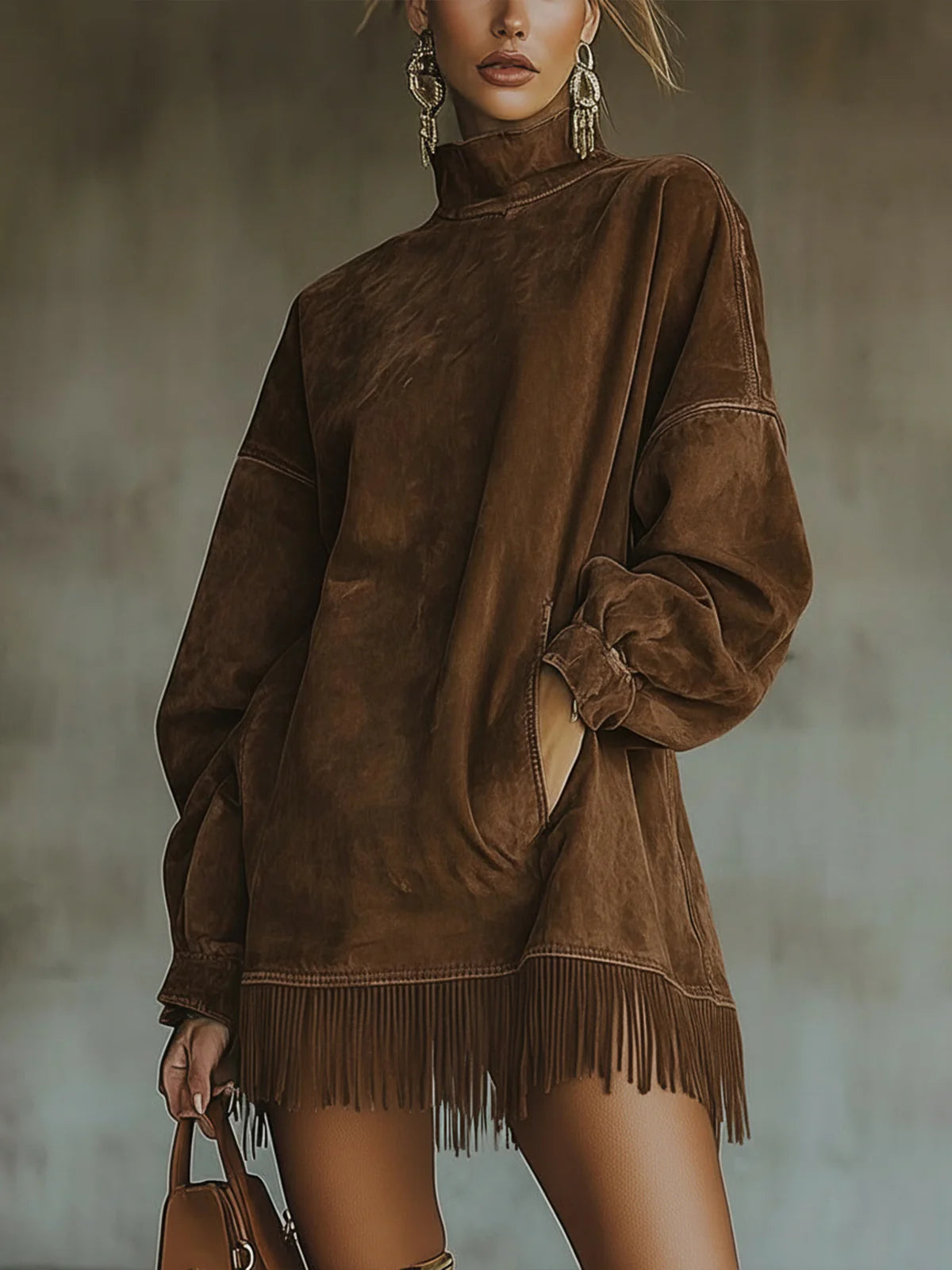 Darcie | Wildleder-Fransen Rollkragenkleid