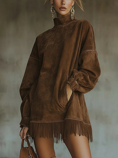 Darcie | Wildleder-Fransen Rollkragenkleid