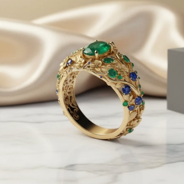 Goldring mit grünen und blauen Kristallen
