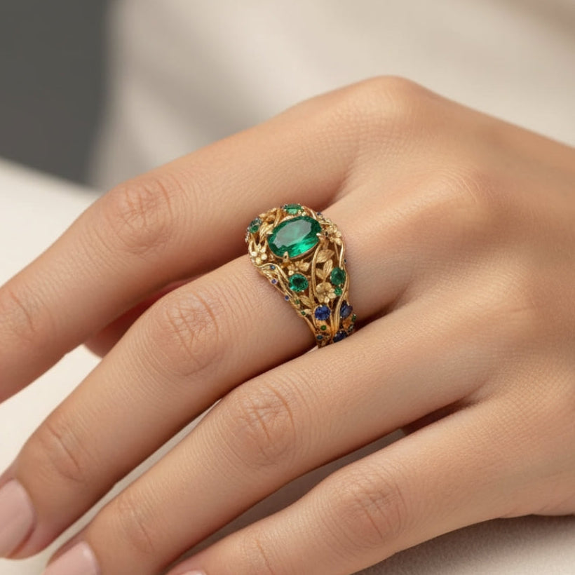 Goldring mit grünen und blauen Kristallen
