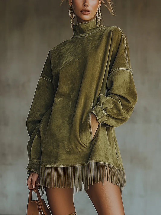 Darcie | Wildleder-Fransen Rollkragenkleid