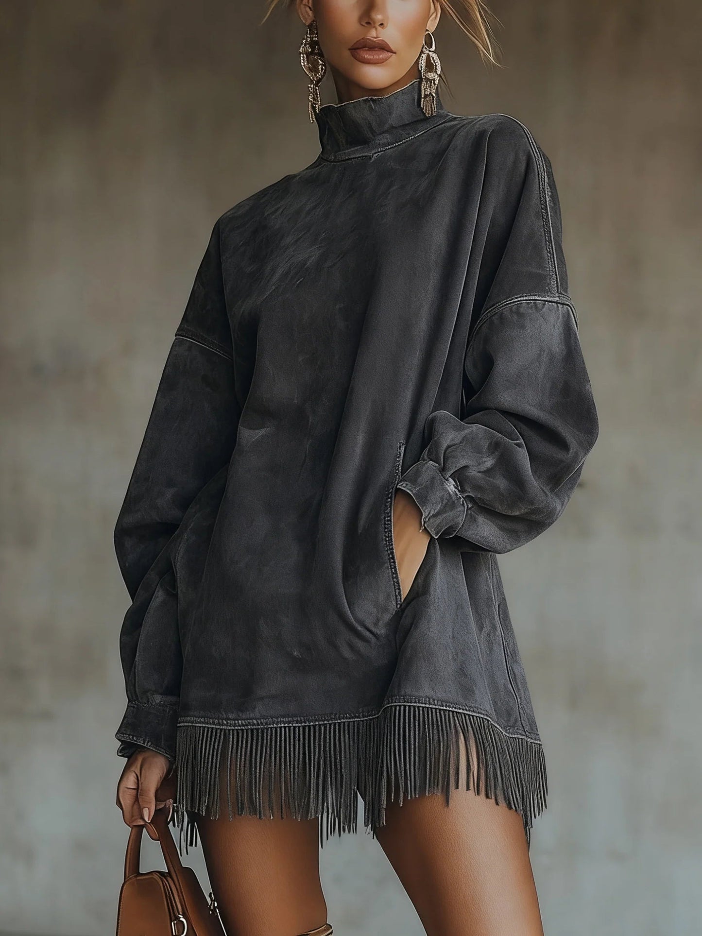 Darcie | Wildleder-Fransen Rollkragenkleid