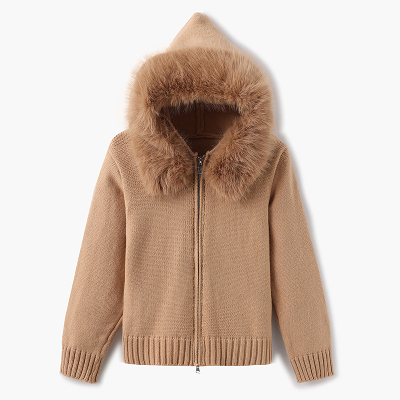 Damen-Cardigan mit Kapuze und Kunstfellbesatz