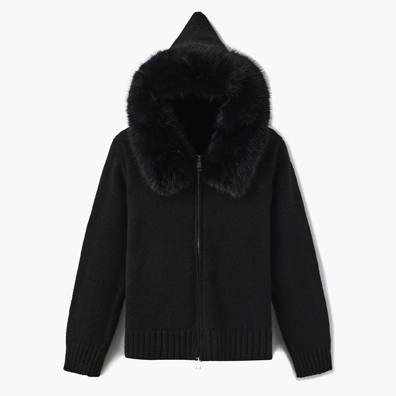 Damen-Cardigan mit Kapuze und Kunstfellbesatz