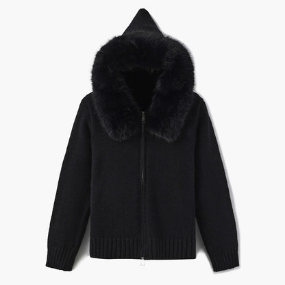 Damen-Cardigan mit Kapuze und Kunstfellbesatz