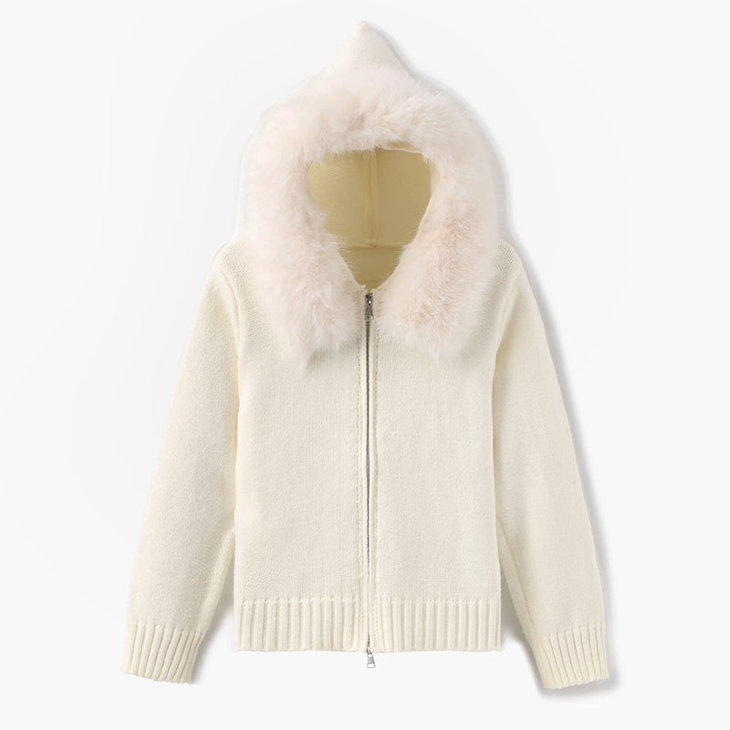 Damen-Cardigan mit Kapuze und Kunstfellbesatz