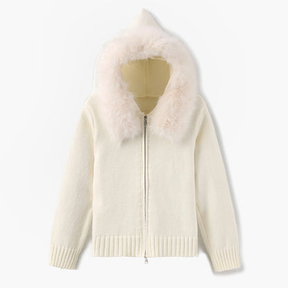 Damen-Cardigan mit Kapuze und Kunstfellbesatz