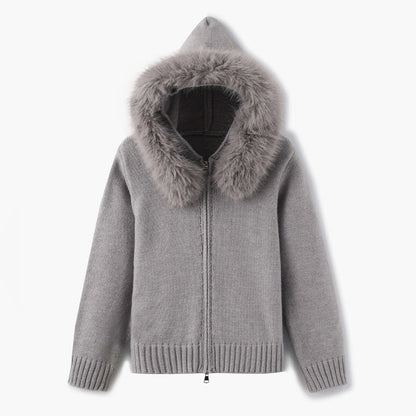 Damen-Cardigan mit Kapuze und Kunstfellbesatz