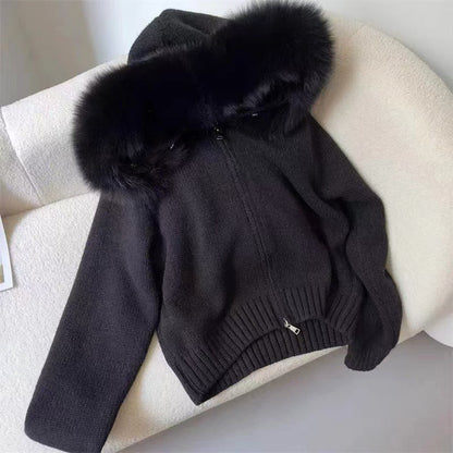 Damen-Cardigan mit Kapuze und Kunstfellbesatz