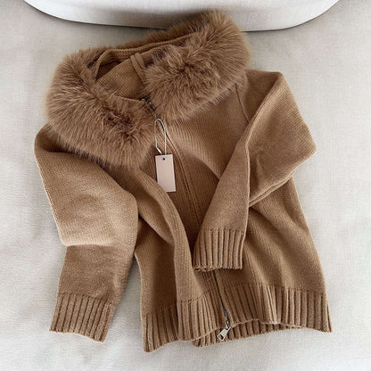 Damen-Cardigan mit Kapuze und Kunstfellbesatz