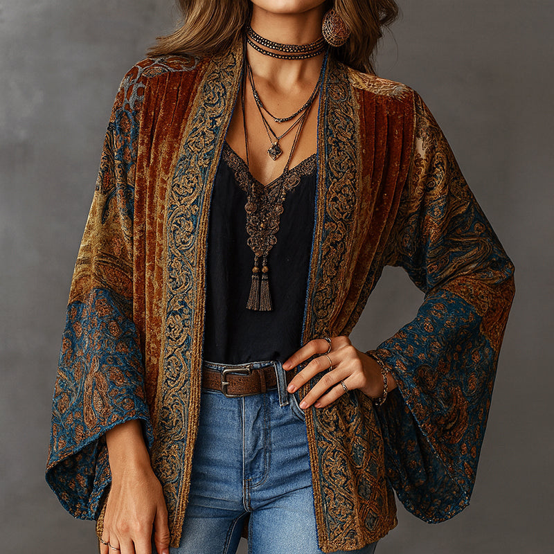 Offener Velours-Cardigan für Damen mit Boho-Muster