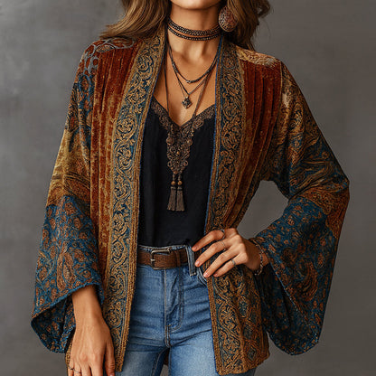Offener Velours-Cardigan für Damen mit Boho-Muster