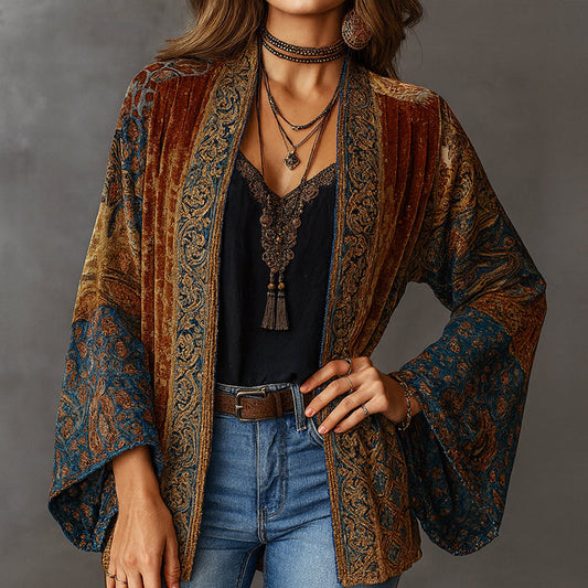 Offener Velours-Cardigan für Damen mit Boho-Muster