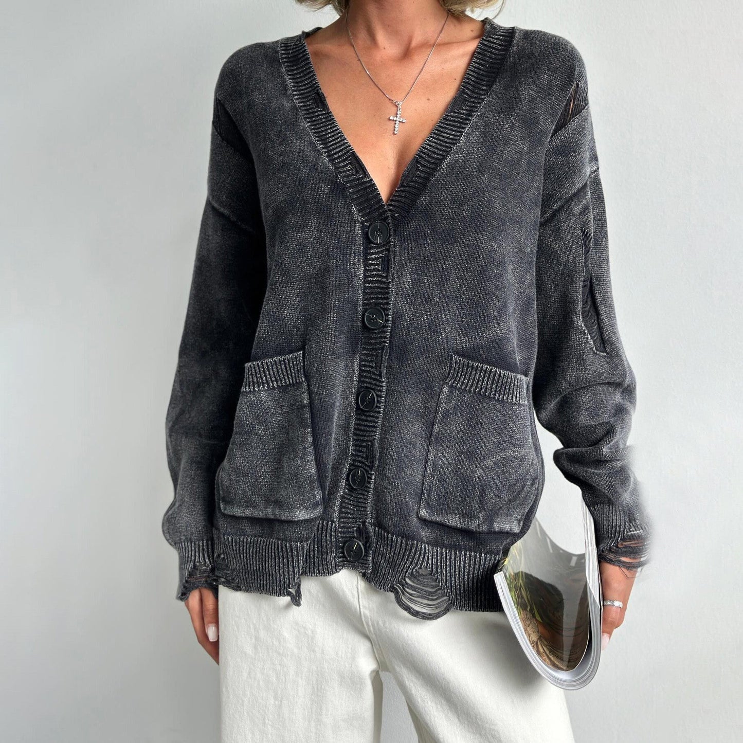Cardigan aus Baumwollmischung mit V-Ausschnitt für Damen