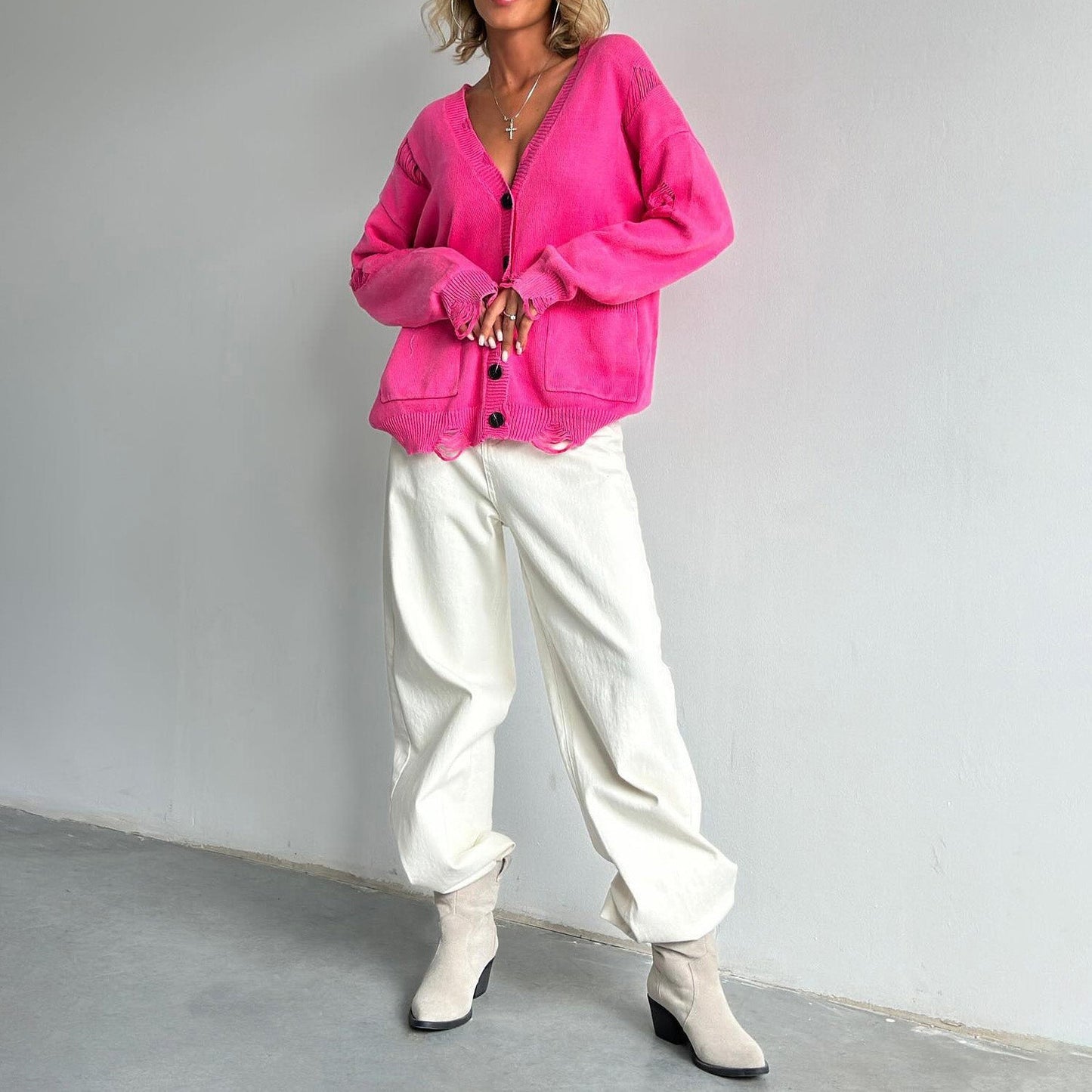 Cardigan aus Baumwollmischung mit V-Ausschnitt für Damen