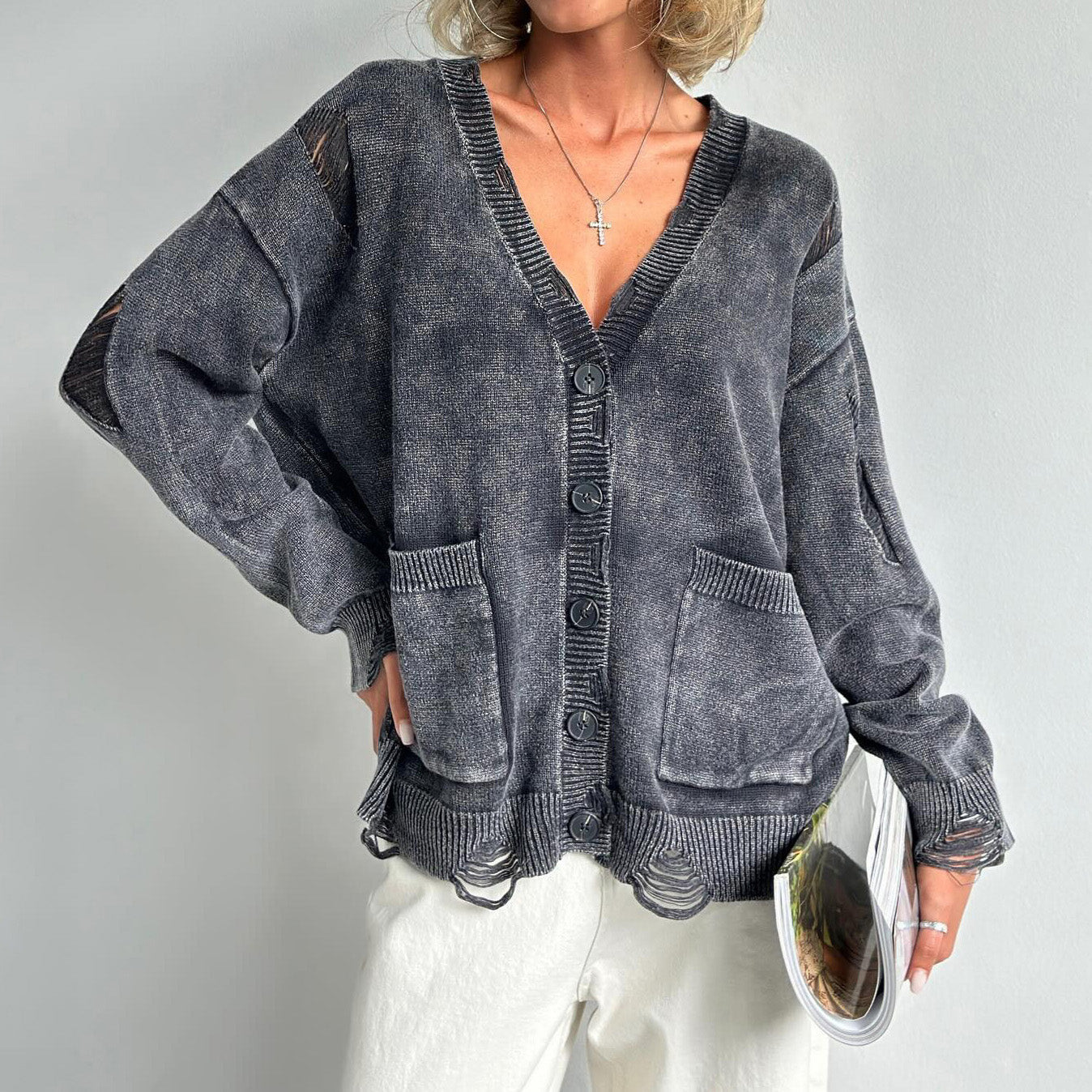 Cardigan aus Baumwollmischung mit V-Ausschnitt für Damen