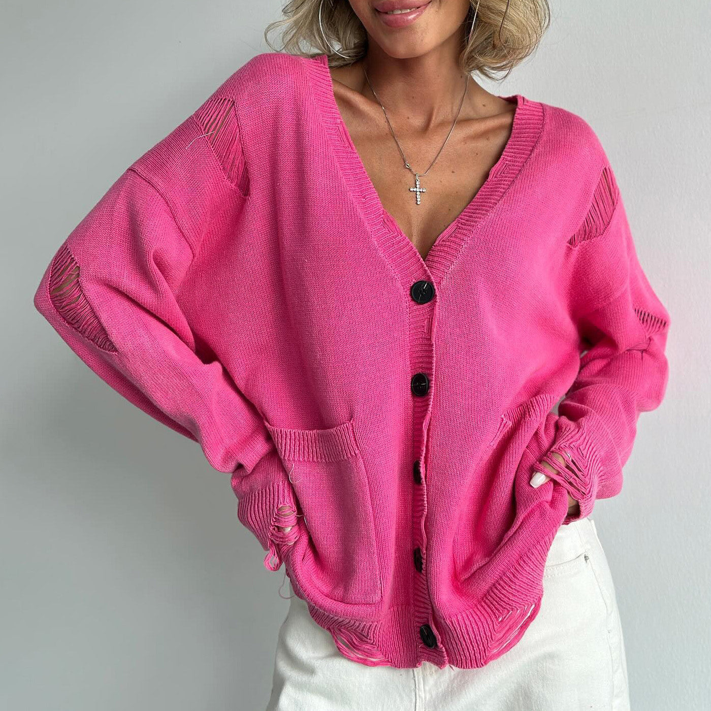 Cardigan aus Baumwollmischung mit V-Ausschnitt für Damen