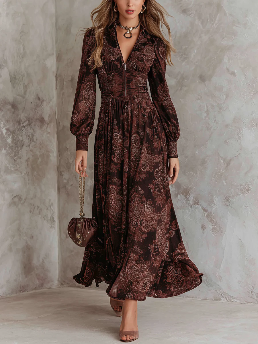 Marlene | Paisley Zip-Neck Midi-Kleid