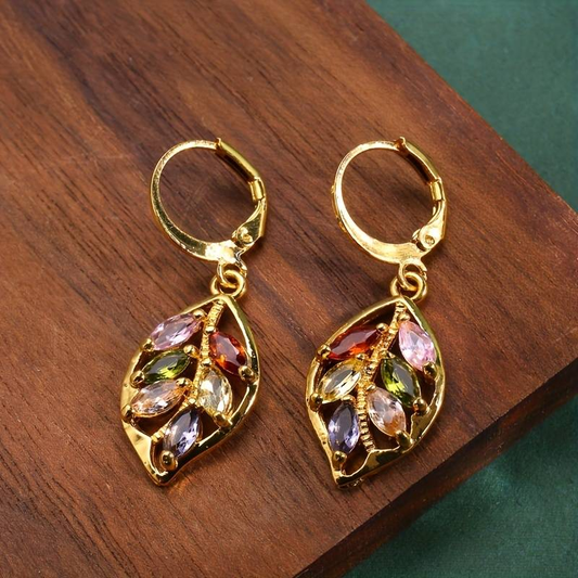 Vintage Goldblatt Ohrringe mit bunten Zirkonia