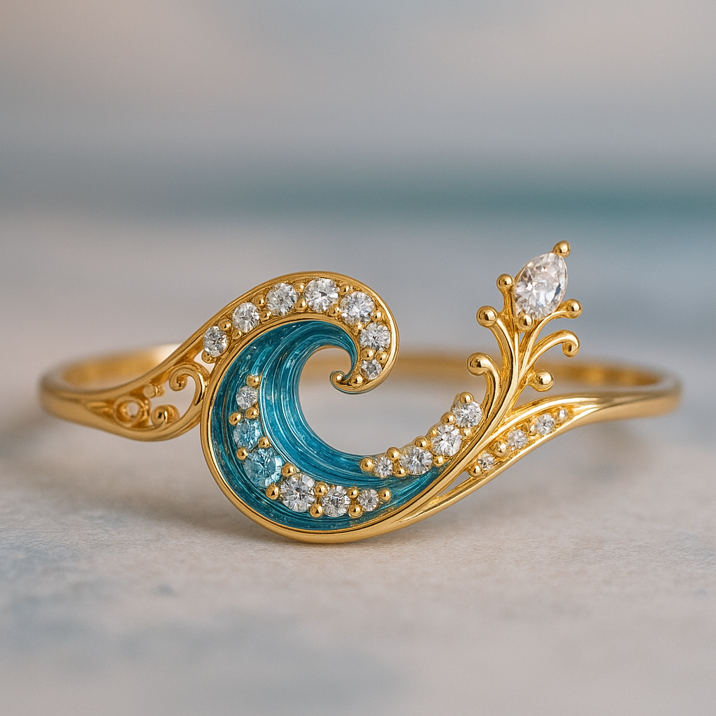 Ring mit funkelnden Kristallwellen des Ozeans