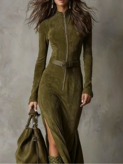 Evelyn | Gürteltes Wildleder-Reißverschlusskleid